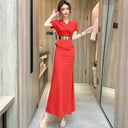 Red V-neck Evening Gown Elegant Two-Piece Dress Ideal for Events