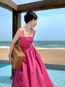 Rose Red French Style Seaside Sling Dress Summer 2023 Beachwear