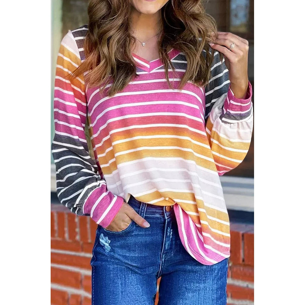 Fall and Winter Color Stripes Thin Fashion V Neck Long Sleeves T-shirt
