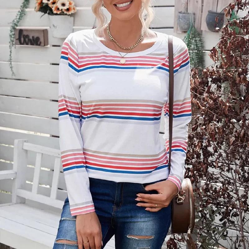 Autumn and Winter Thin Fashion Contrast Color Casual Long Sleeve T-shirt  ourlum.com White S code fits (45.00 kg-55.00 kg 