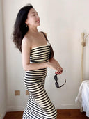 Striped Elegance Monochrome Sheath Dress Tube Top Style