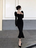 French Chic Black Fish Tail Dress Elegant Summer Fashion