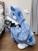 Cute Little Shark Hooded Coral Velvet Pajamas Plus Size