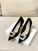 Black Flats with Rhinestone Square Buckle for Elegant Style