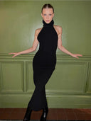 Zhaolin Black Open Back Dress Chic High-Waisted Fashion