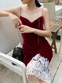 Lace Stitching Black Dress Retro-Chic Velvet Fashion Statement