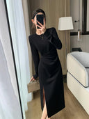 Brother Guo's Elegant Black Split Dress Chic Commute Elegance