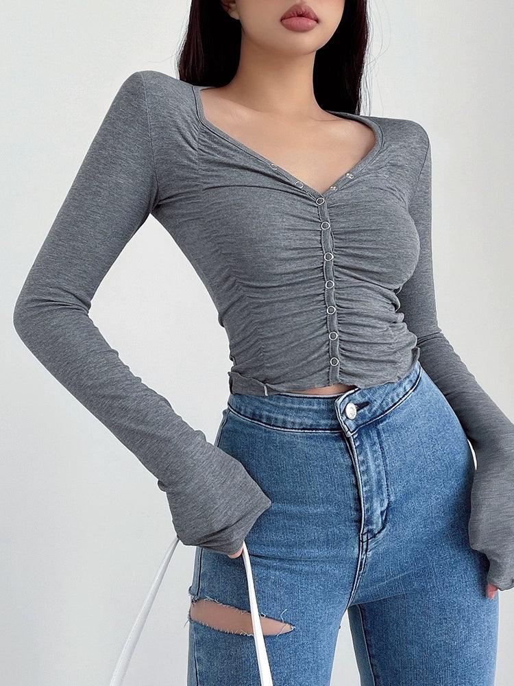 Liviahome Ruched V-neck Long Sleeve Shirt: Stylish 2024 Fashion Trend