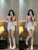 Pink Off-Shoulder Slim-Fit T-Shirt Korean Chic Style