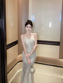 Elegant Silver Fishtail Evening Gown Glamorous Sequin Dress