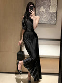 Accessible Luxury One Shoulder Pleated Dress Elegant Attire