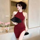 Charming Halter Sheath Skirt Elegant Open Slit Design