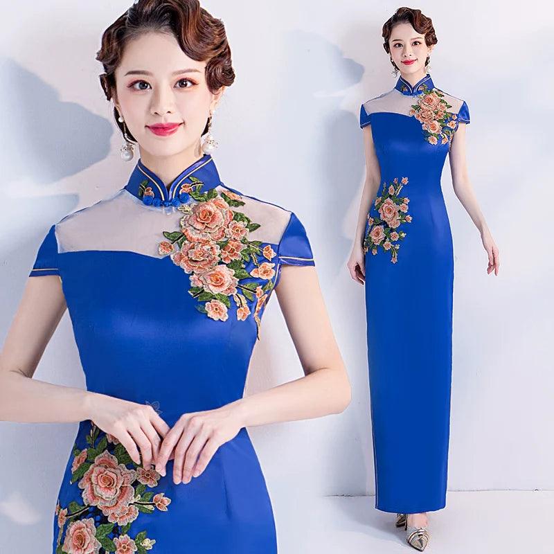 Blue Chinese Bride Evening Gown: Elegant Fusion for Banquets & Events