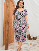 Plus Size Women's Floral Puff Sleeve Dress Summer Chic