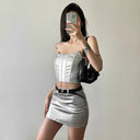 Cool Fishbone Patchwork Tube Top & Skirt Set Summer Fashion