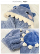 Cute Little Shark Hooded Coral Velvet Pajamas Plus Size