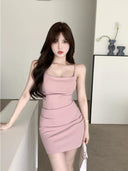 Pink Summer Dress: Elegant High Waist Spaghetti Straps