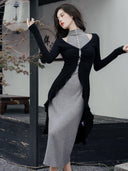 Early Autumn Knitted Dress & Black Cardigan Set Retro Chic