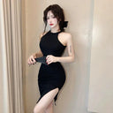 Charming Halter Sheath Skirt Elegant Open Slit Design