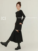 Fashionable Black Long Sleeve Dress Versatile A-Line Style