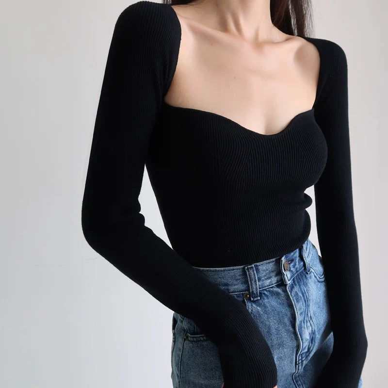 French Retro Chic Square Collar Sweater: Stylish Allure
