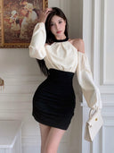 Instahot Patchwork Cold-Shoulder Dress Chic Autumn Fashion