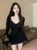 Stylish Lace Trim Long Sleeve Dress Women's Autumn Fashion