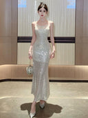 Elegant Silver Fishtail Evening Gown Glamorous Sequin Dress