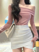 Pink Off-Shoulder Slim-Fit T-Shirt Korean Chic Style