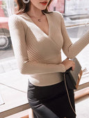 Sculpted Elegance Chic Crossed V-Neck Sweater for Women