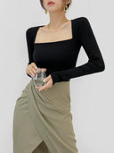 Paperman Retro Square Collar Knit Shirt Elegant Off-Shoulder