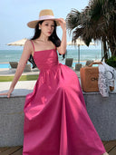 Rose Red French Style Seaside Sling Dress Summer 2023 Beachwear