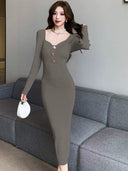 French Square Collar Knit Dress Chic Autumn Winter Style