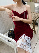 Lace Stitching Black Dress Retro-Chic Velvet Fashion Statement