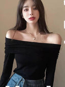 Off-the-Shoulder Vintage Long-Sleeve Tee Chic Retro Elegance