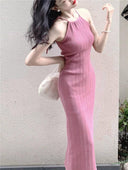 Elegant Ice Silk Backless Sheath Dress Chic Spring Style