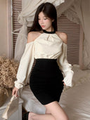 Instahot Patchwork Cold-Shoulder Dress Chic Autumn Fashion