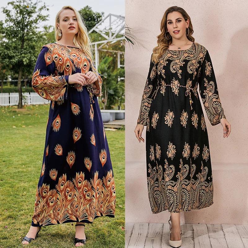 Floral Print Plus Size Party Dress: Elegant Street Style Long Sleeve Cotton Dress