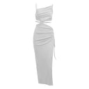 Island Chic White Maxi Dress Asymmetric Drawstring Style