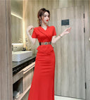 Red V-neck Evening Gown Elegant Two-Piece Dress Ideal for Events