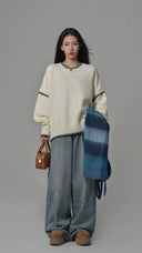 Sixi Sixi Spring Stitching Wire Contrast Color Pullover Sweater