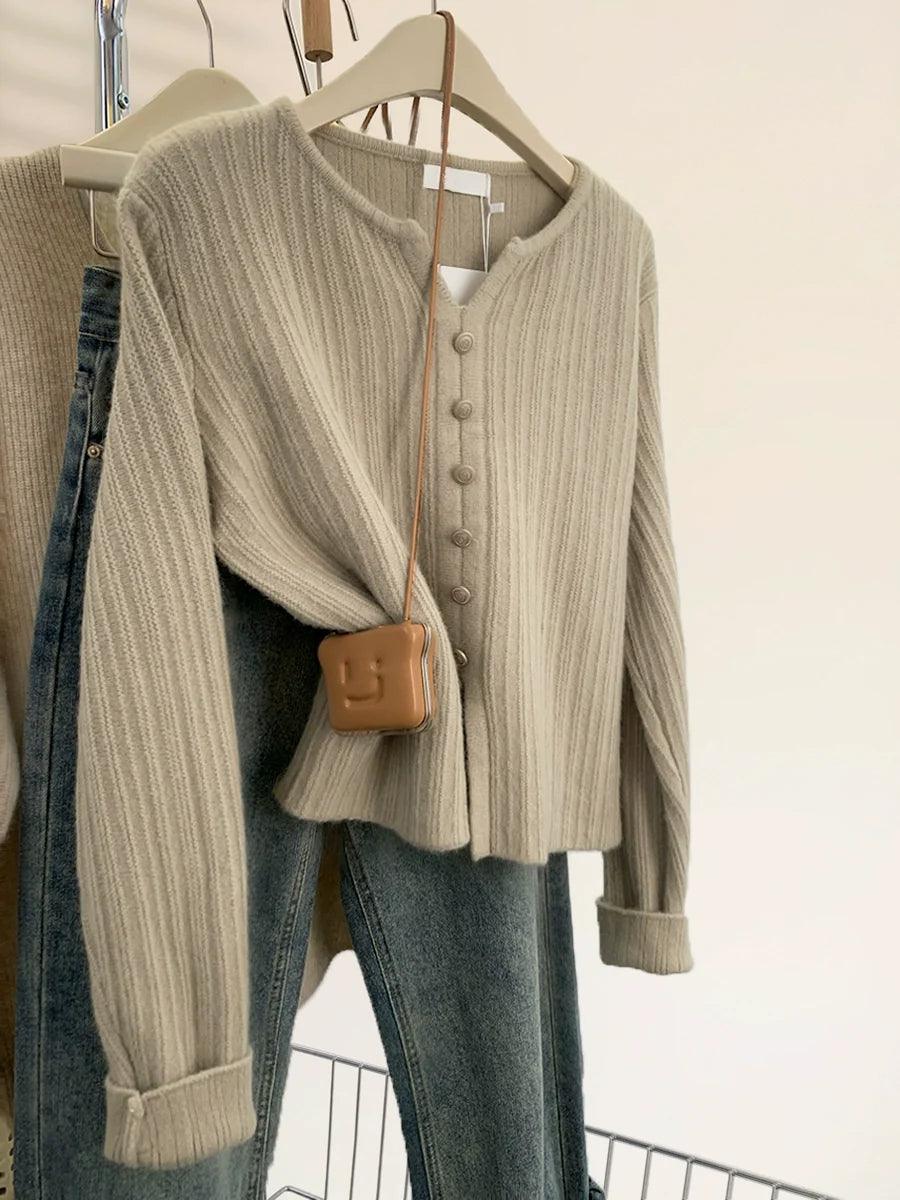 Cozy Oatmeal V-neck Split Sweater: Winter Fashion Essential