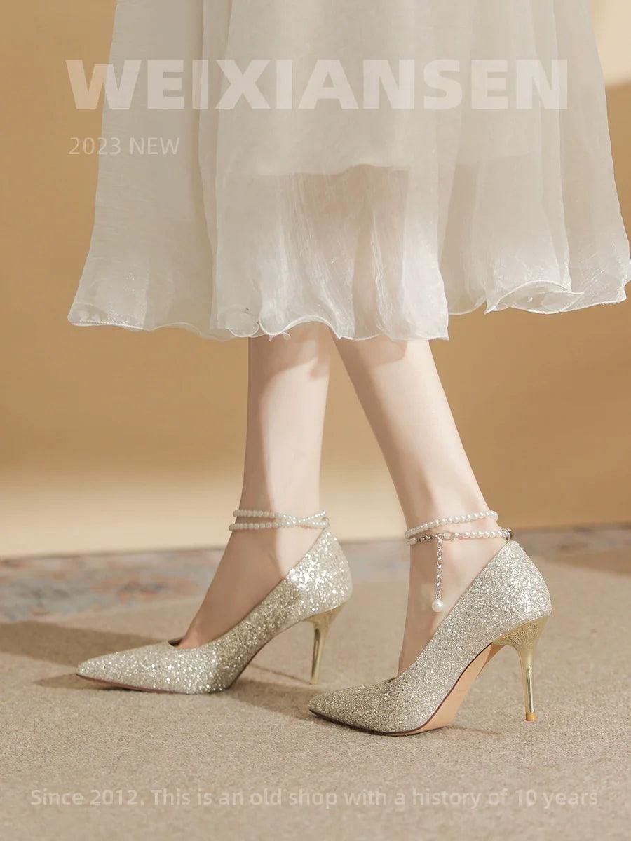 French Gold Ankle-Strap High Heels: Elegant Birthday Party Shoes