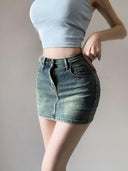 Vintage Blue High Waist Denim Skirt Sexy Chic Short Dress