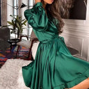 Dress with Belt Long Sleeves V Neck Solid Color A Line Dress