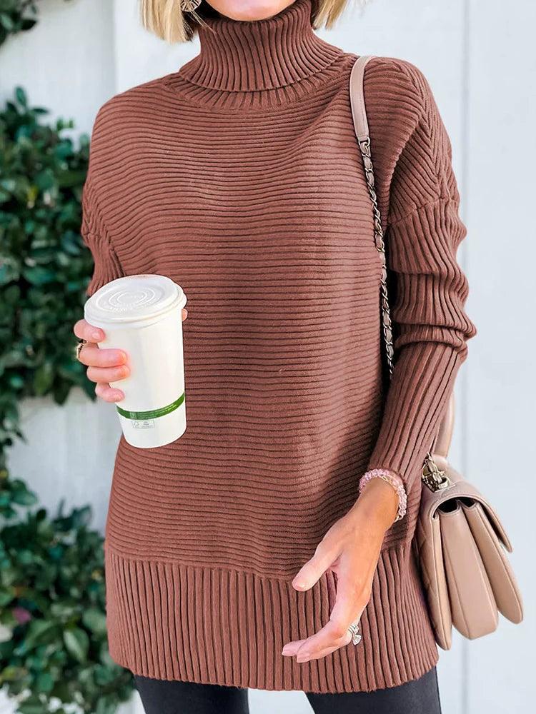 Fashion Fashion Sunken Stripe Turtleneck Sweater Female 2024 Summer New Arrival Silm Easiest for Match Mid Length Long Length Long Sleeves Knitting Tops  ourlum.com   