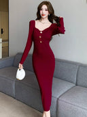 French Square Collar Knit Dress Chic Autumn Winter Style