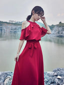 Nara Red Bohemian Chiffon Dress Off Shoulder Summer Style