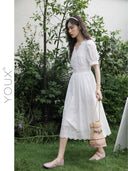 French Elegance V-neck Midi Dress Chic Summer Fashion Statement