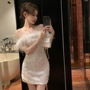 Sophisticated Korean Style Fur Collar Dress Elegant Bead Embellishments